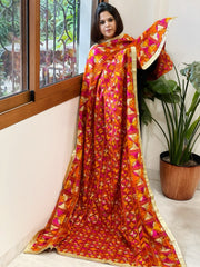 Orange Designer Phulkari Dupatta in Khaddar Cotton