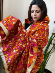 Orange Designer Phulkari Dupatta in Khaddar Cotton