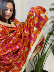 Orange Designer Phulkari Dupatta in Khaddar Cotton