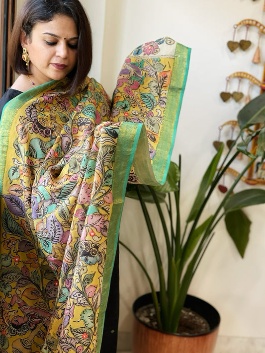 Yellow Handpainted Kalamkari Dupatta with Thread & Mirror Handwork in Chanderi Silk