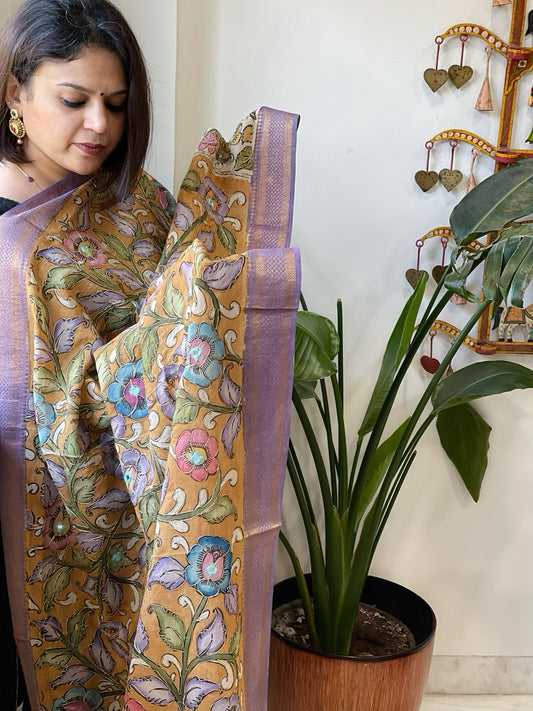 Orange Handpainted Kalamkari Dupatta with Thread & Mirror Handwork in Chanderi Silk
