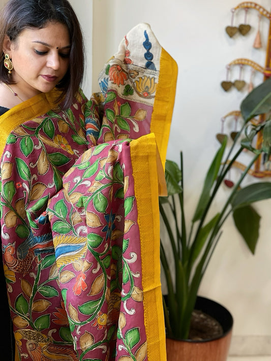 Maroon Handpainted Kalamkari Dupatta with Thread & Mirror Handwork in Chanderi Silk