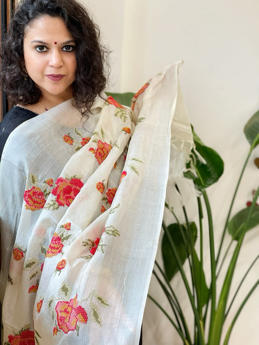 Tussar Silk Dupatta with cross-stitch embroidery