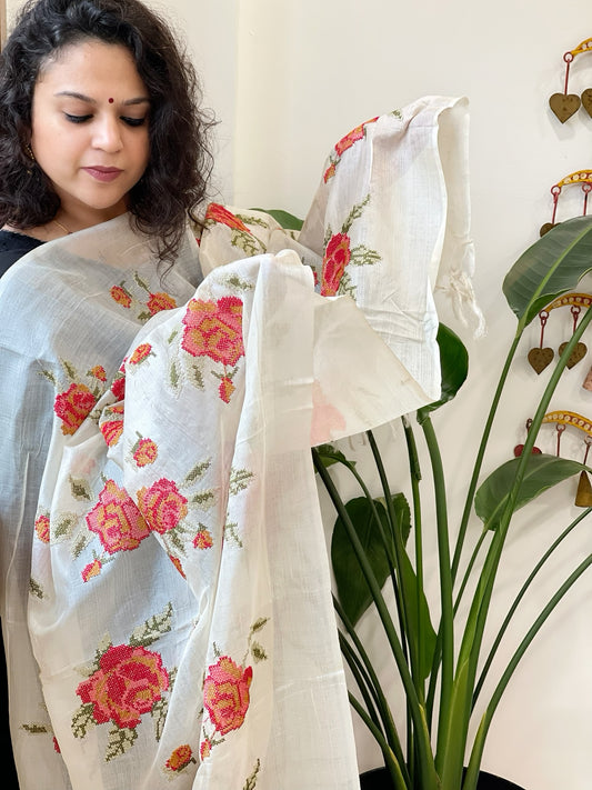 Tussar Silk Dupatta with cross-stitch embroidery