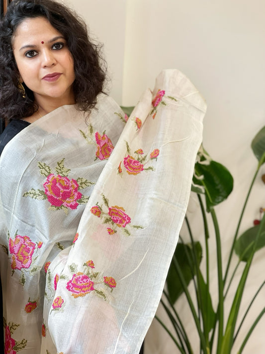 Tussar Silk Dupatta with cross-stitch embroidery