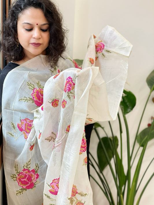 Tussar Silk Dupatta with cross-stitch embroidery