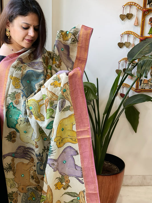 Beige Handpainted Kalamkari Dupatta with Thread & Mirror Handwork in Chanderi Silk
