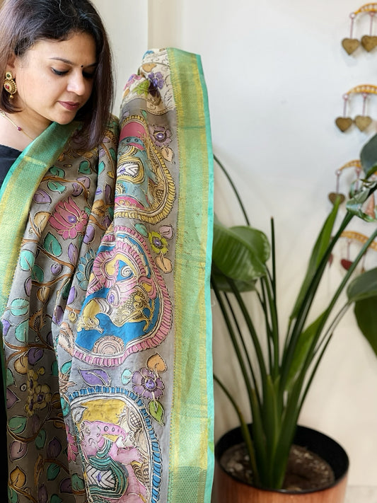 Grey Handpainted Kalamkari Dupatta with Thread & Mirror Handwork in Chanderi Silk