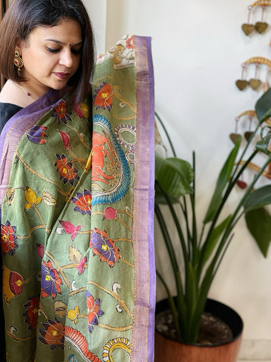 Green Handpainted Kalamkari Dupatta with Thread & Mirror Handwork in Chanderi Silk