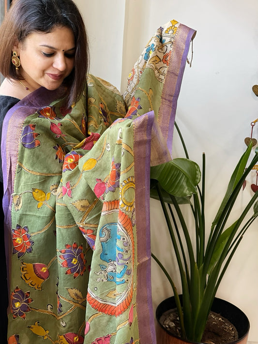 Green Handpainted Kalamkari Dupatta with Thread & Mirror Handwork in Chanderi Silk