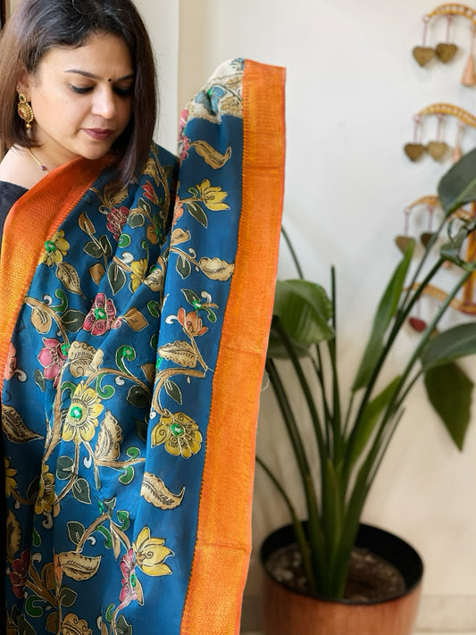 Blue Handpainted Kalamkari Dupatta with Thread & Mirror Handwork in Chanderi Silk