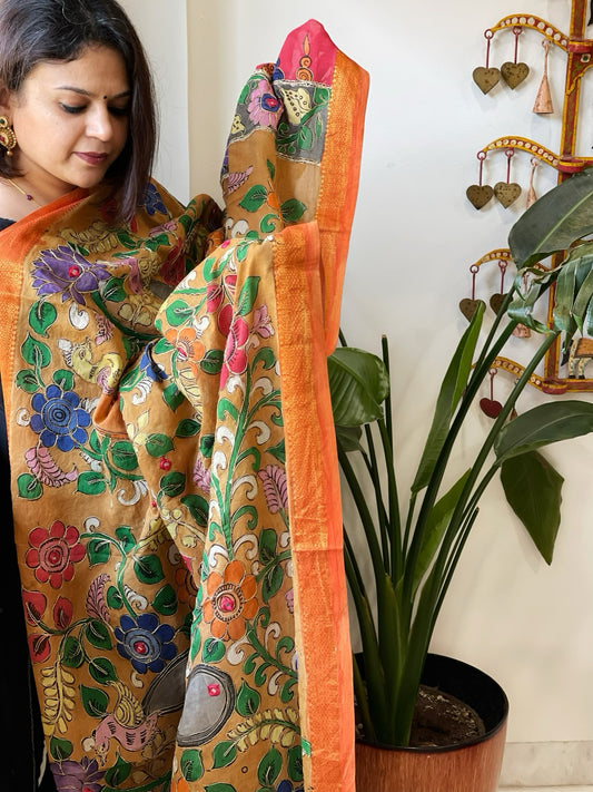 Orange Handpainted Kalamkari Dupatta with Thread & Mirror Handwork in Chanderi Silk