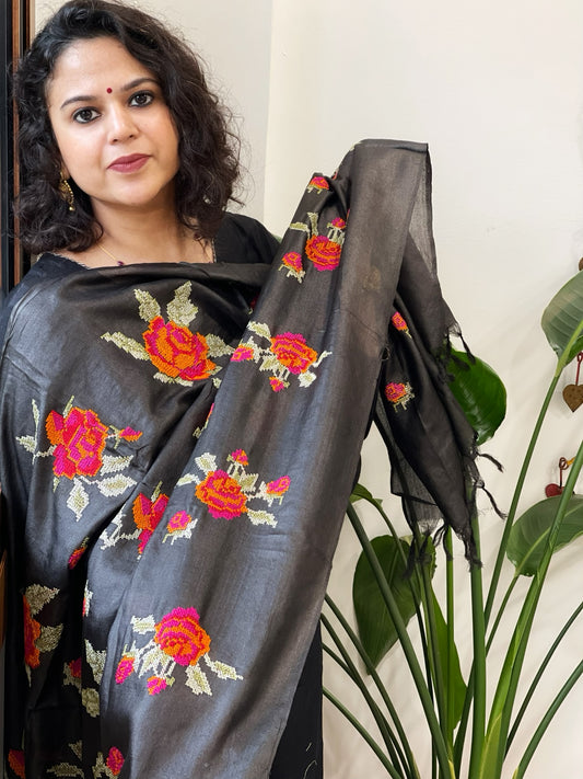 Black Tussar Silk Dupatta with cross-stitch embroidery