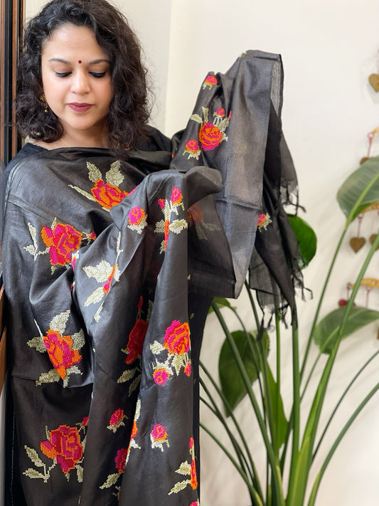 Black Tussar Silk Dupatta with cross-stitch embroidery