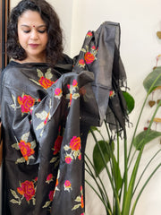 Black Tussar Silk Dupatta with cross-stitch embroidery