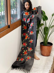 Black Tussar Silk Dupatta with cross-stitch embroidery