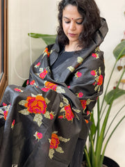 Black Tussar Silk Dupatta with cross-stitch embroidery