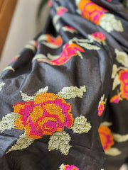 Black Tussar Silk Dupatta with cross-stitch embroidery
