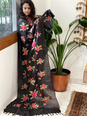 Black Tussar Silk Dupatta with cross-stitch embroidery
