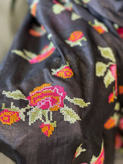 Black Tussar Silk Dupatta with cross-stitch embroidery