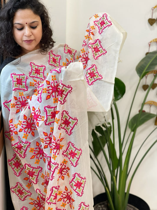 Tussar Silk dupatta with Patola Style Thread Embroidery