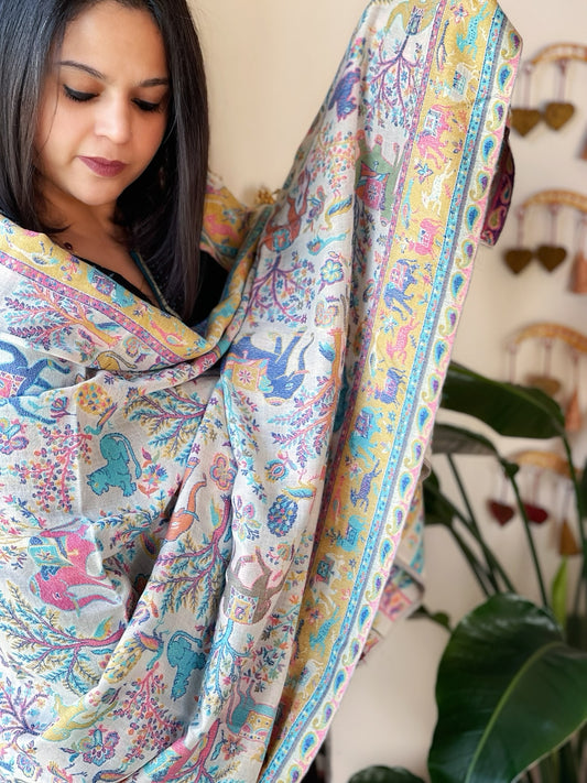 White Woven Shikargah Kaani Pashmina Shawl