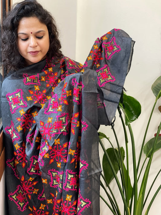 Black Tussar Silk dupatta with Thread Jaal Embroidery