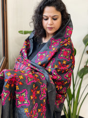 Black Tussar Silk dupatta with Thread Jaal Embroidery