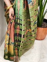 Pink, Yellow Handpainted Kalamkari Saree in Pure Tussar Silk