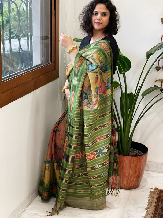 Pink, Yellow Handpainted Kalamkari Saree in Pure Tussar Silk