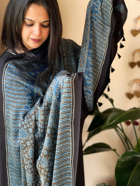 Blue Designer Handblock Ajrakh Dupatta in Modal Silk