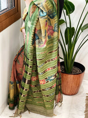 Pink, Yellow Handpainted Kalamkari Saree in Pure Tussar Silk