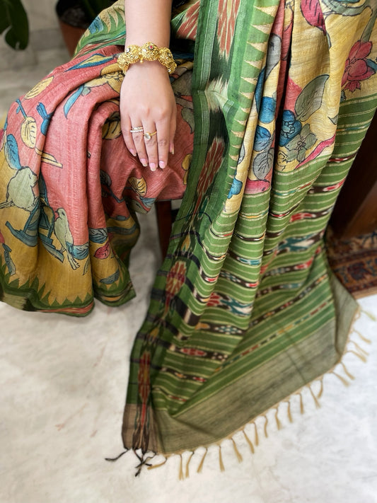 Pink, Yellow Handpainted Kalamkari Saree in Pure Tussar Silk