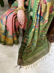 Pink, Yellow Handpainted Kalamkari Saree in Pure Tussar Silk
