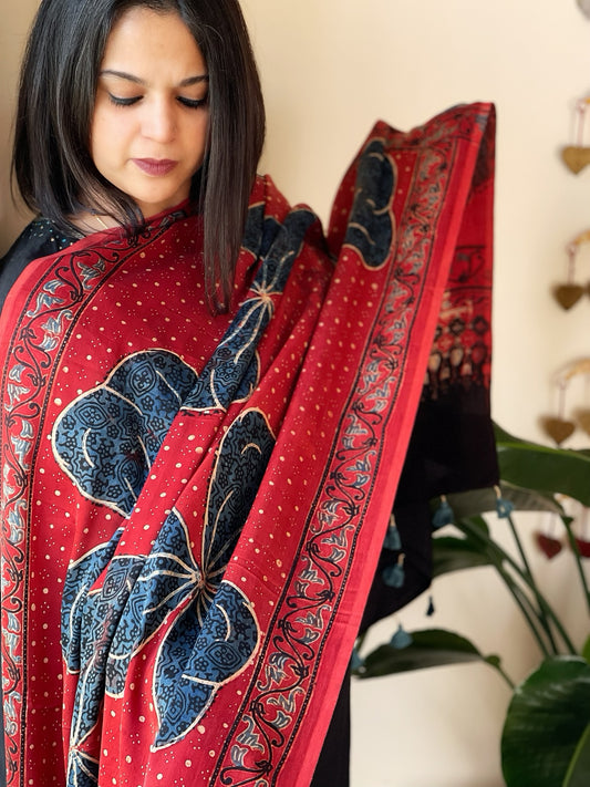 Rust Designer Handblock Ajrakh Dupatta in Modal Silk