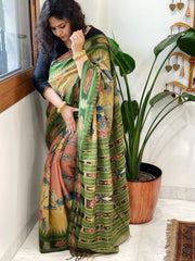 Pink, Yellow Handpainted Kalamkari Saree in Pure Tussar Silk