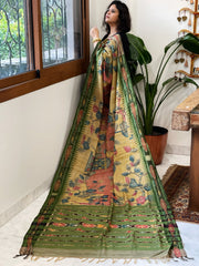 Pink, Yellow Handpainted Kalamkari Saree in Pure Tussar Silk