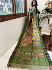 Pink, Yellow Handpainted Kalamkari Saree in Pure Tussar Silk