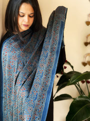 Blue Designer Handblock Ajrakh Dupatta in Modal Silk