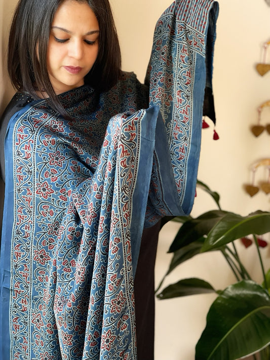 Blue Designer Handblock Ajrakh Dupatta in Modal Silk