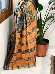 Yellow, Blue Handpainted Kalamkari Saree in Pure Tussar Silk