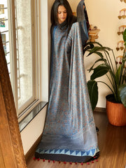 Blue Designer Handblock Ajrakh Dupatta in Modal Silk