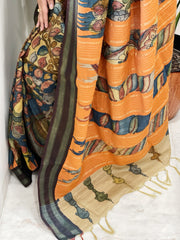 Yellow, Blue Handpainted Kalamkari Saree in Pure Tussar Silk