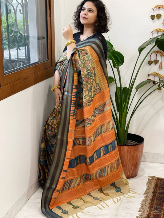 Yellow, Blue Handpainted Kalamkari Saree in Pure Tussar Silk