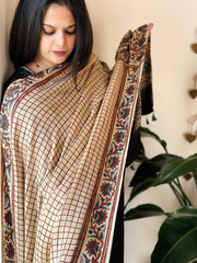 Cream Designer Handblock Ajrakh Dupatta in Modal Silk