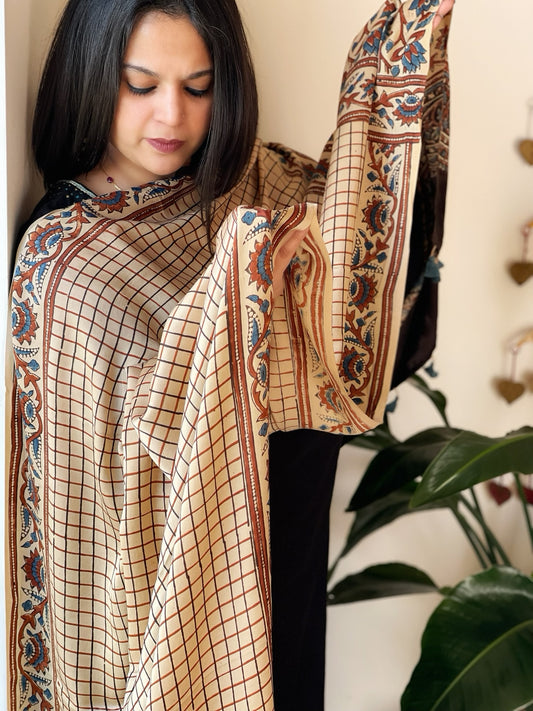 Cream Designer Handblock Ajrakh Dupatta in Modal Silk