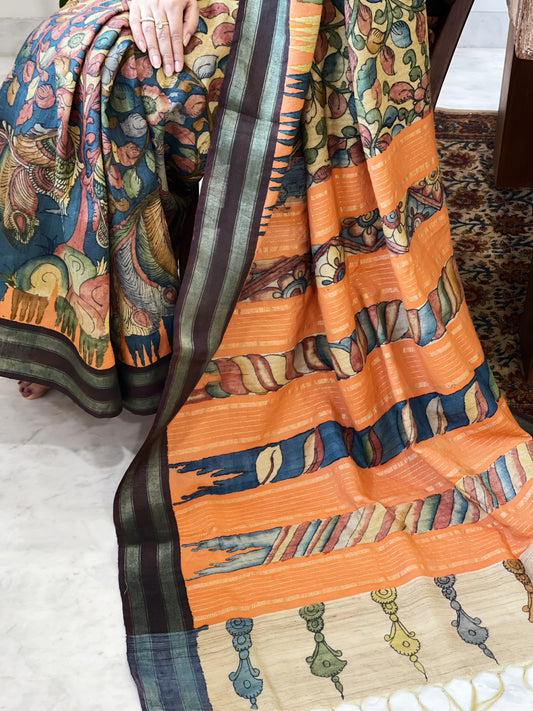 Yellow, Blue Handpainted Kalamkari Saree in Pure Tussar Silk