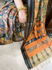 Yellow, Blue Handpainted Kalamkari Saree in Pure Tussar Silk