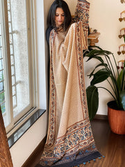 Cream Designer Handblock Ajrakh Dupatta in Modal Silk