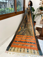 Yellow, Blue Handpainted Kalamkari Saree in Pure Tussar Silk